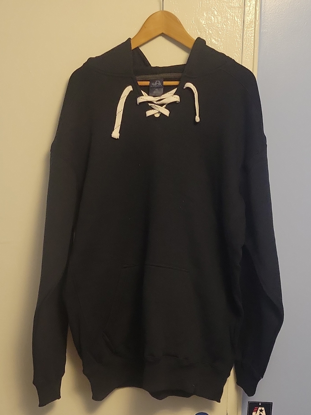 J. America Black Lace-Up Pullover Hoodie with White Drawstrings